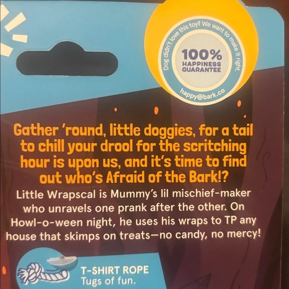 Bark afraid of the bark Halloween 2.75” Little Wrapscal rope plush dog toy. NWT
